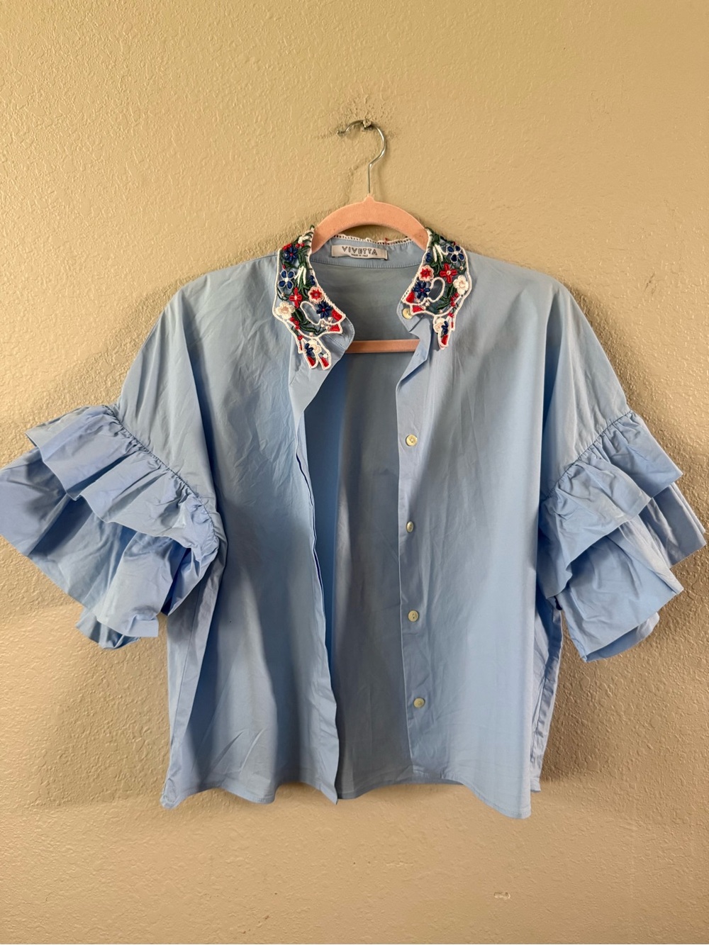 Vivetta Made in Italy Blue Embroidered Collar Ruffle Sleeve Cotton Blouse